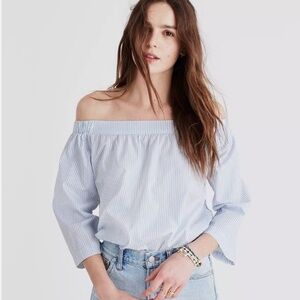 Madewell NWOT Clean Light Blue and White Stripe Off Shoulder Cotton Top SZ S